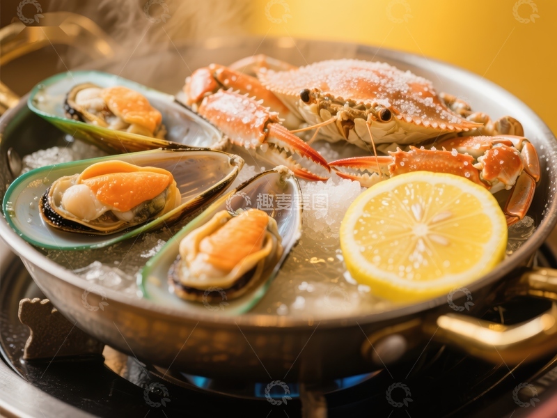 高清大图下载【趣麦麦图】海鲜锅：螃蟹、贻贝与柠檬的美味组合