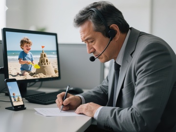 商务人士办公桌前通话并记录