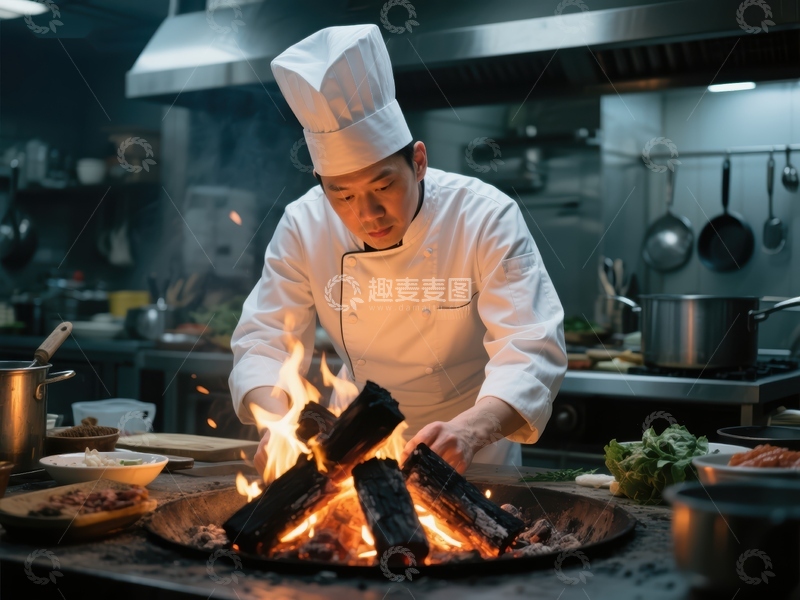 高清大图下载【趣麦麦图】厨师在厨房用明火烹饪