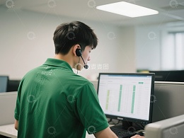 办公室内工作人员使用耳机查看电脑数据