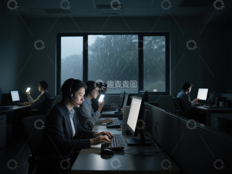 夜幕下办公室内员工专注工作