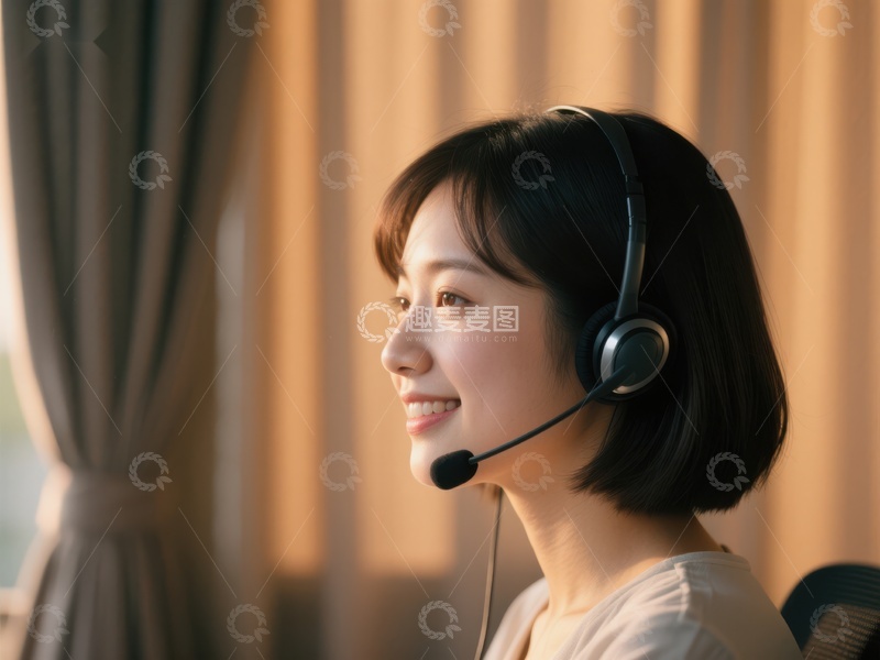高清大图下载【趣麦麦图】客服人员佩戴耳机微笑工作