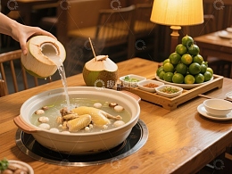 椰汁倒入锅中，热气腾腾的美食场景