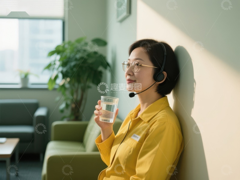 高清大图下载【趣麦麦图】戴耳机的女性手持水杯休息