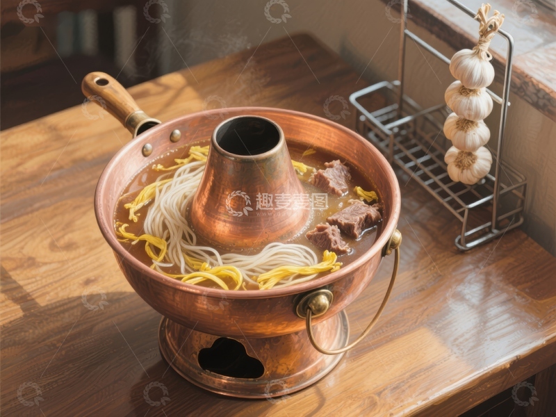 高清大图下载【趣麦麦图】铜锅热气腾腾的面条与牛肉