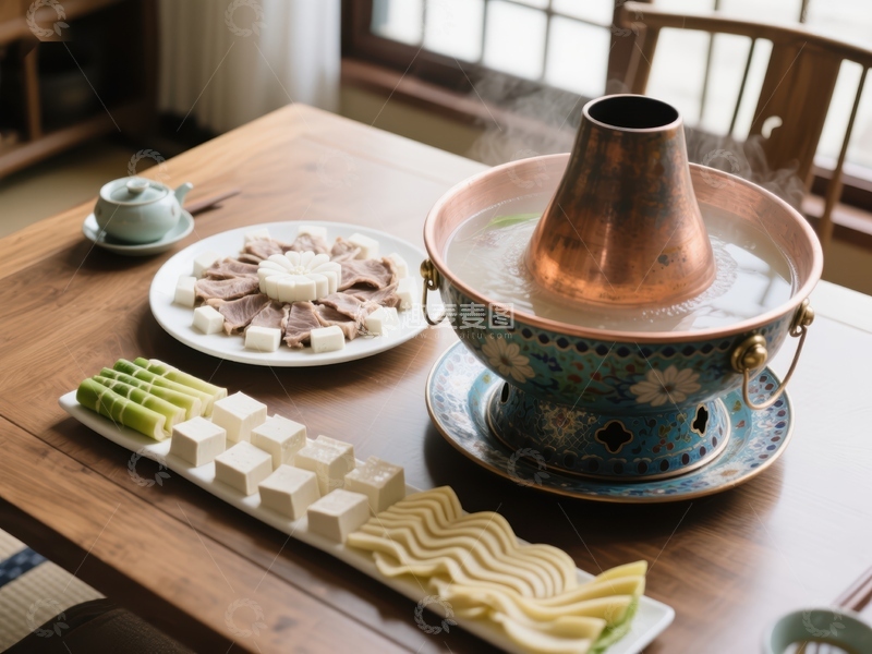 高清大图下载【趣麦麦图】铜锅涮肉，热气腾腾的美食体验