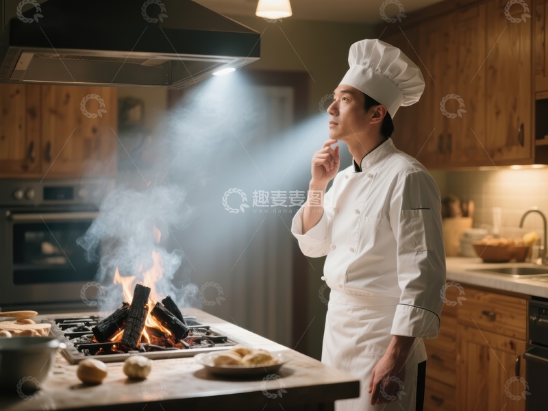 高清大图下载【趣麦麦图】厨师厨房烹饪意外火焰