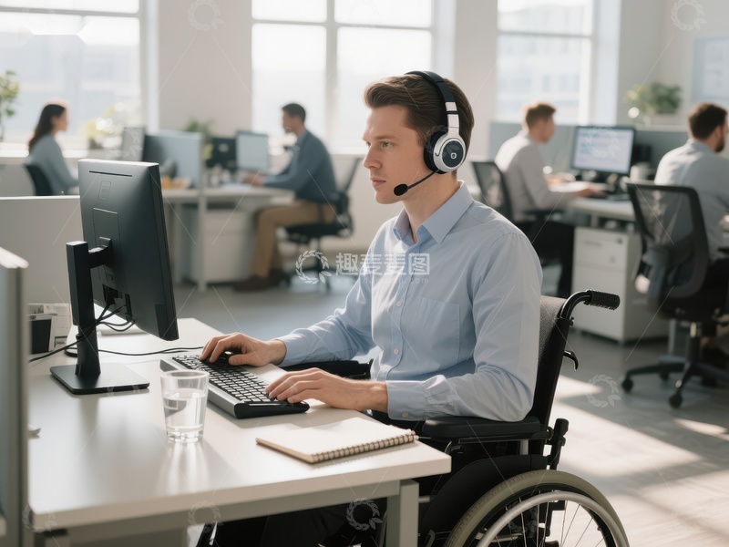 高清大图下载【趣麦麦图】轮椅员工在办公室使用电脑工作