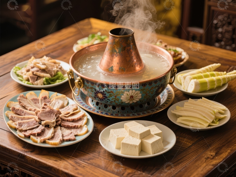 高清大图下载【趣麦麦图】热气腾腾的火锅与丰富配菜