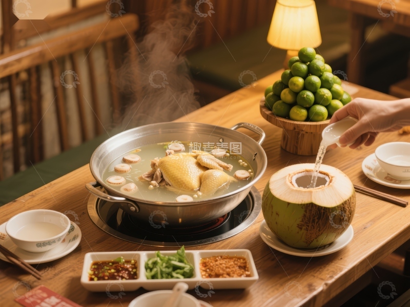 高清大图下载【趣麦麦图】椰子鸡汤热气腾腾，桌上美食诱人