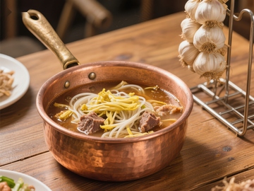 铜锅热汤面，配以豆芽和牛肉