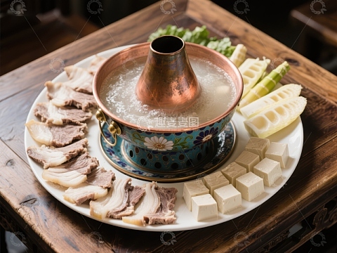 铜锅涮肉与配菜的美食组合