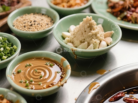多样调味料与火锅底料的精致摆盘