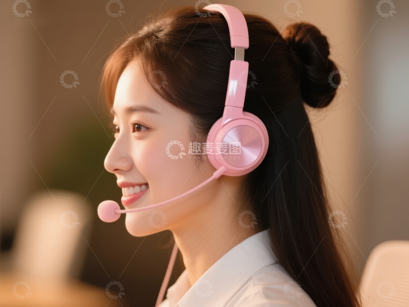 高清大图下载【趣麦麦图】佩戴粉色耳机的微笑女性