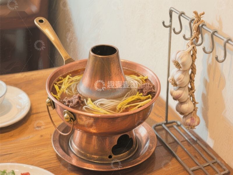 高清大图下载【趣麦麦图】铜锅涮肉，热气腾腾的美食