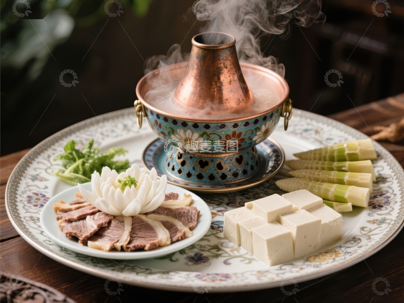 高清大图下载【趣麦麦图】热气腾腾的火锅与配菜