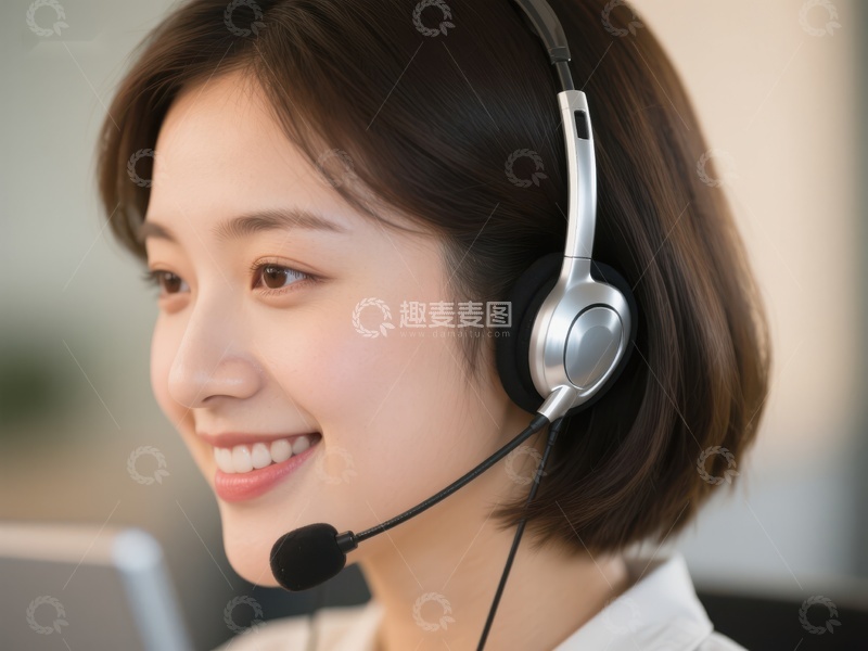 高清大图下载【趣麦麦图】-客服人员佩戴耳机微笑工作