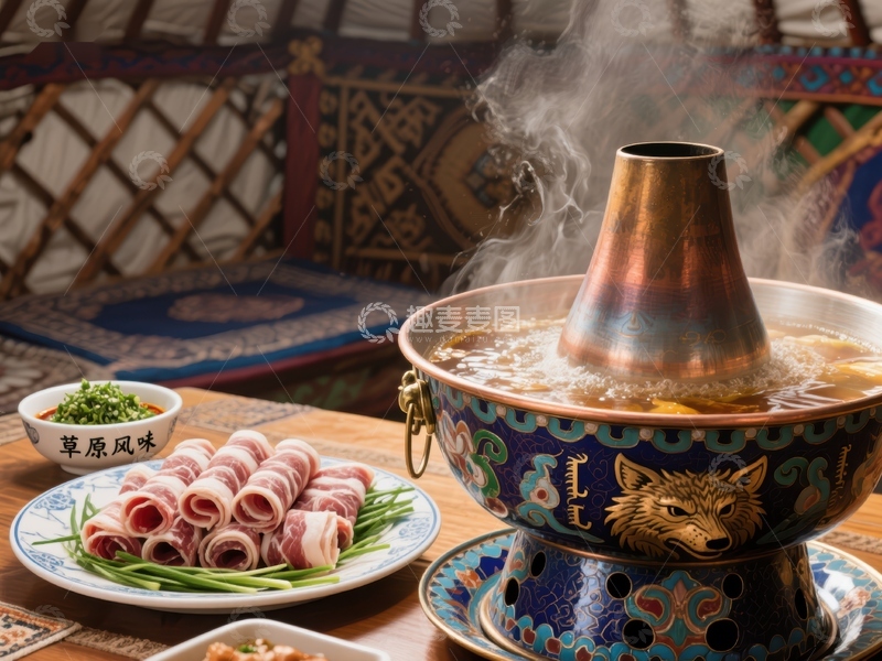 高清大图下载【趣麦麦图】热气腾腾的火锅与羊肉卷