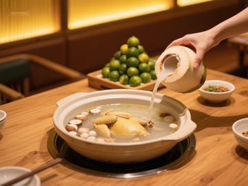 热汤锅中倒入椰汁，搭配青柠与鸡肉