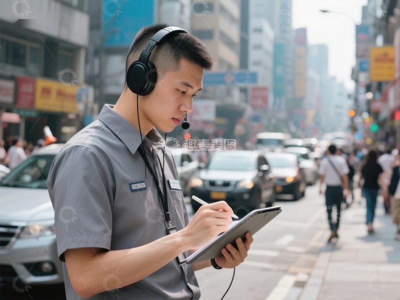 高清大图下载【趣麦麦图】街头工作人员使用平板电脑记录信息