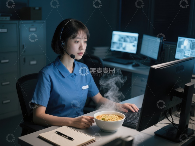 高清大图下载【趣麦麦图】夜班工作人员专注工作，享用热气腾腾的面条