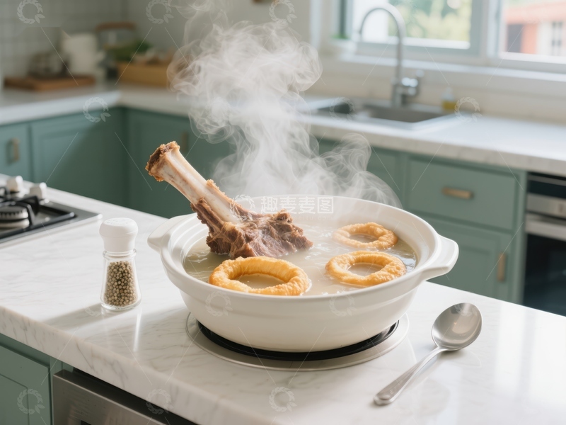 高清大图下载【趣麦麦图】厨房中热气腾腾的骨头汤
