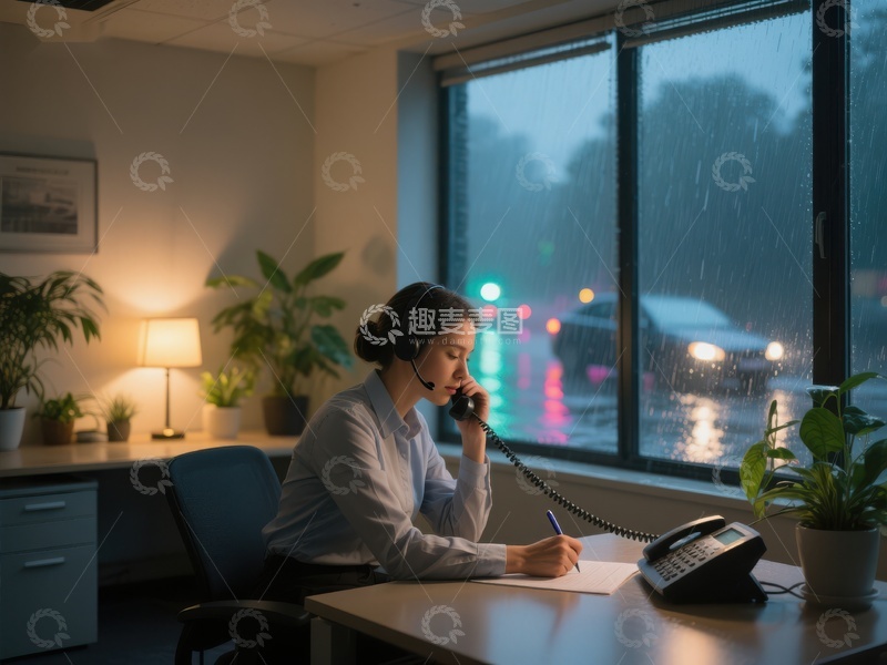 高清大图下载【趣麦麦图】雨夜办公室中的电话工作