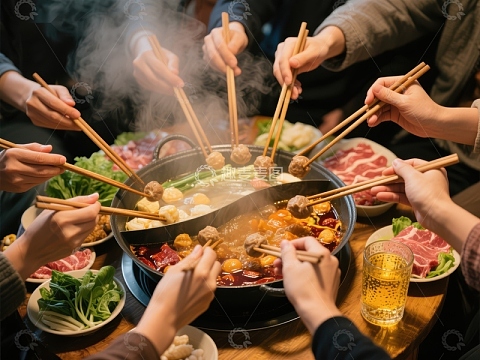 众人围桌享用火锅美食