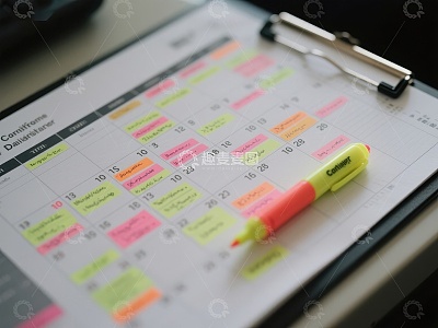 彩色标记的日历与荧光笔