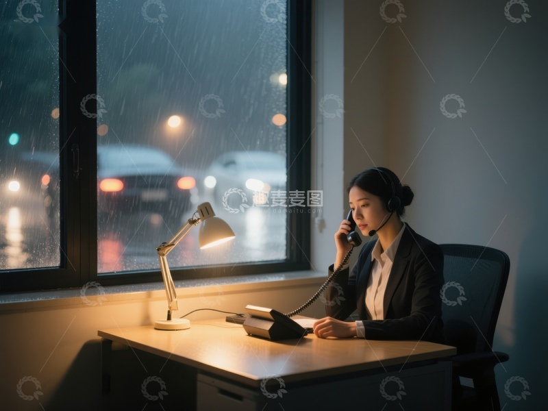 高清大图下载【趣麦麦图】雨夜办公室中的女性客服