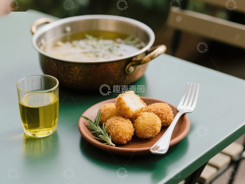 高清大图下载【趣麦麦图】金黄炸球配汤与橄榄油