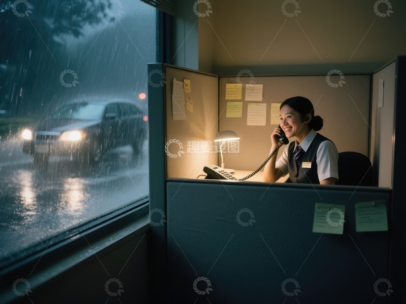 高清大图下载【趣麦麦图】雨夜办公室内的电话交谈