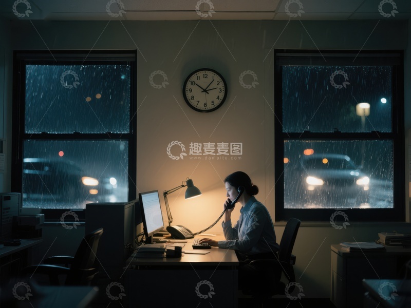高清大图下载【趣麦麦图】雨夜办公室内的工作时刻