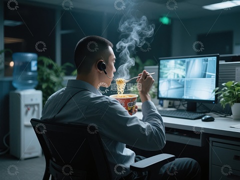 加班职员深夜享用热气腾腾的泡面