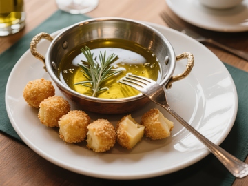 橄榄油配炸丸子的美食摆盘