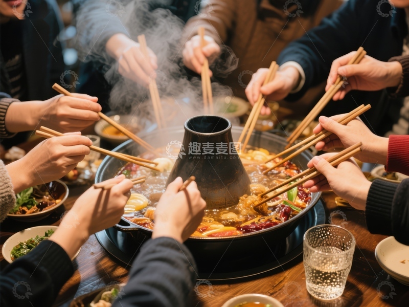 高清大图下载【趣麦麦图】众人围桌享用火锅美食