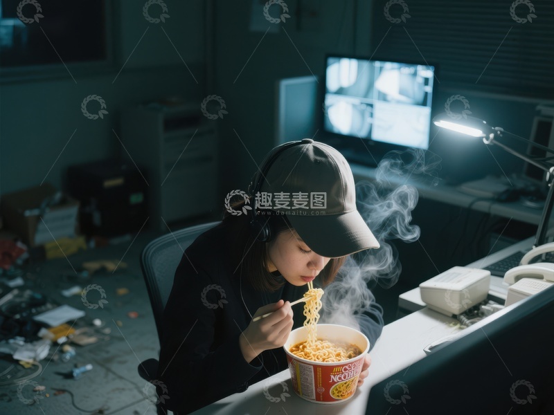 高清大图下载【趣麦麦图】深夜办公，女子专注享用热气腾腾的泡面