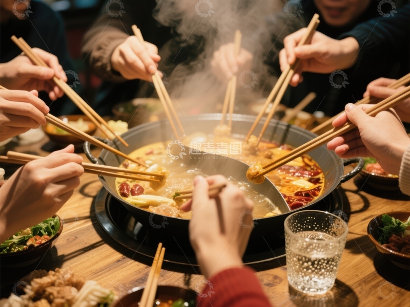 高清大图下载【趣麦麦图】众人围桌享用热气腾腾火锅