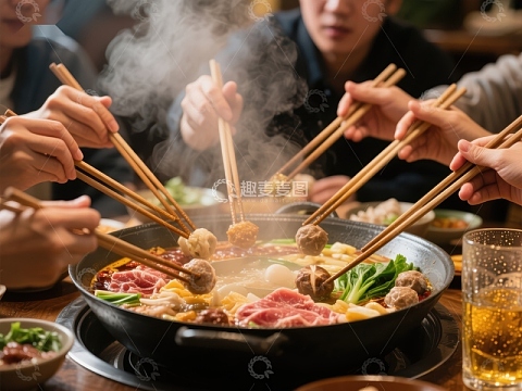 多人围坐享用热气腾腾的火锅