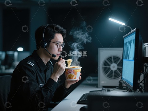 加班男子享用热气腾腾的泡面