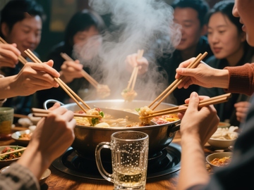 围炉共煮火锅，热气腾腾聚餐