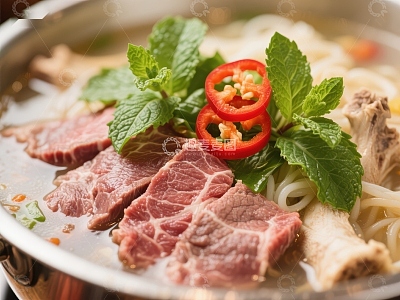 鲜美牛肉汤配薄荷与红椒