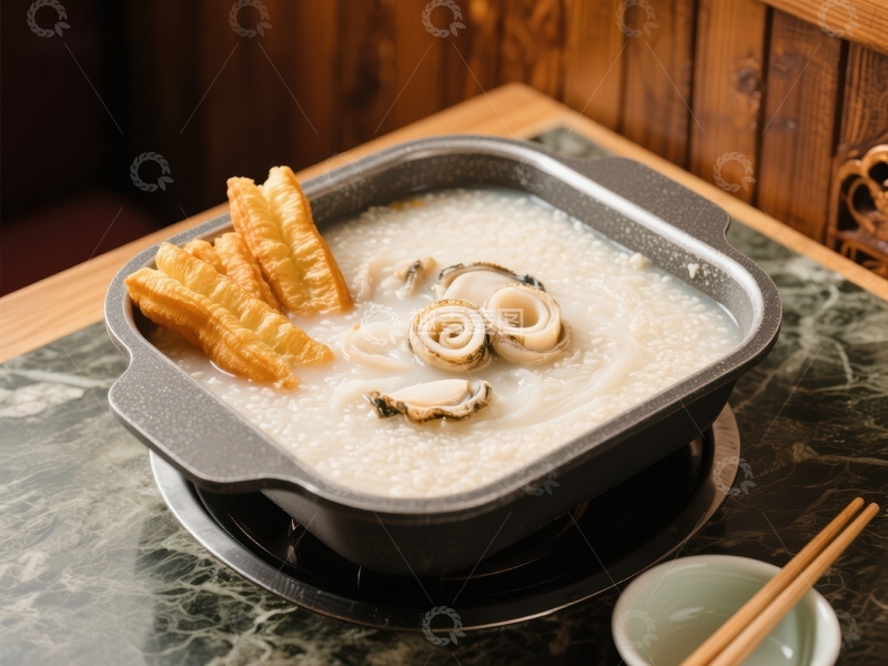 高清大图下载【趣麦麦图】海鲜粥配油条，热气腾腾的美味