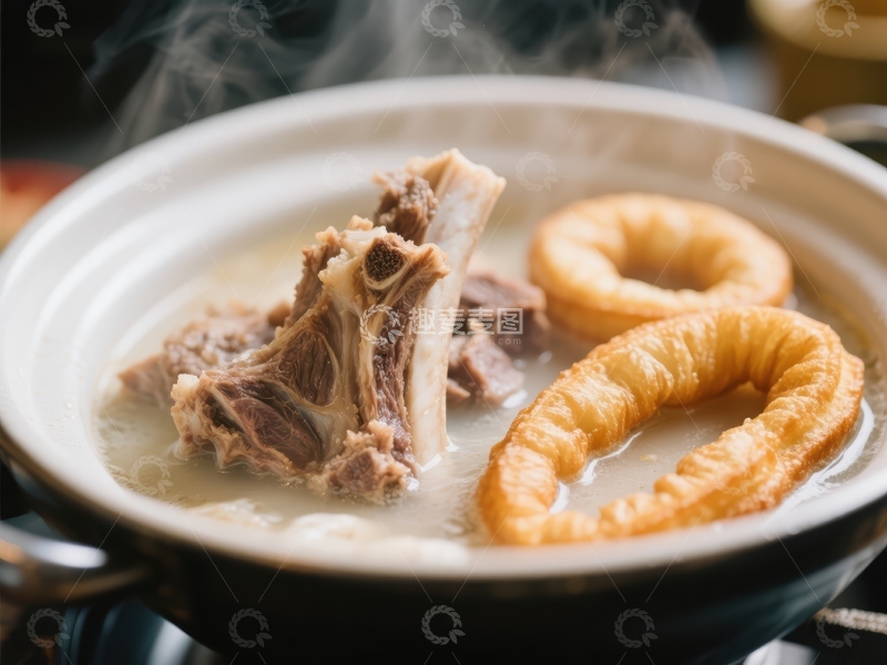 高清大图下载【趣麦麦图】热气腾腾的骨汤配油条