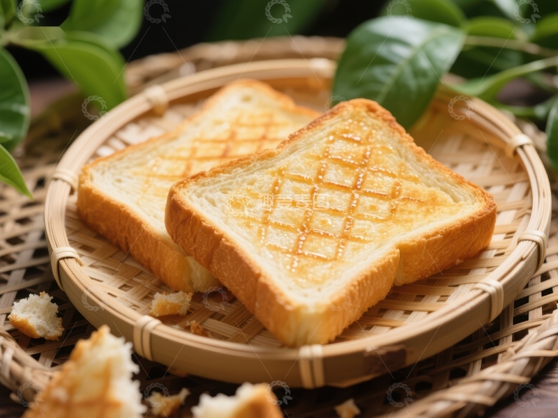 高清大图下载【趣麦麦图】金黄烤面包片置于竹篮