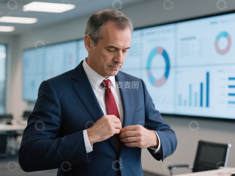 高清大图下载【趣麦麦图】商务男士调整西装，背景为数据图表