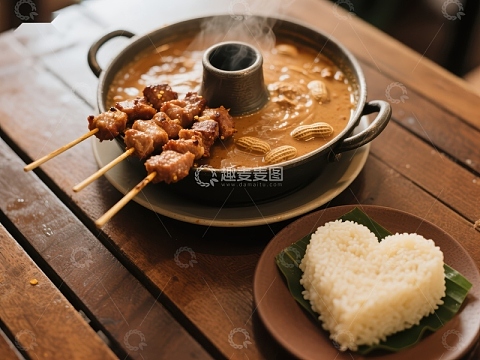 热气腾腾的咖喱锅配烤肉串和心形米饭