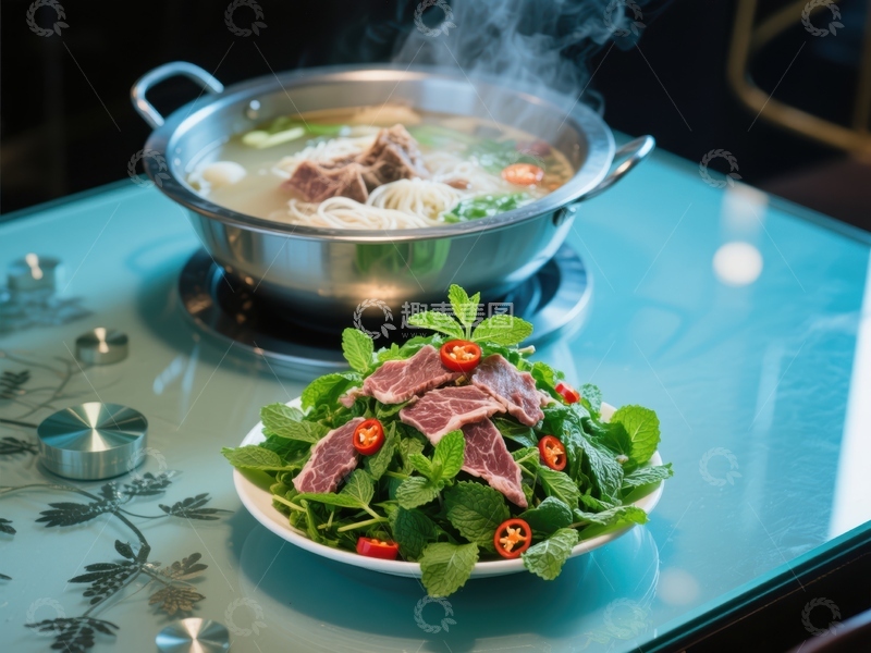 高清大图下载【趣麦麦图】热气腾腾的火锅与新鲜生菜牛肉