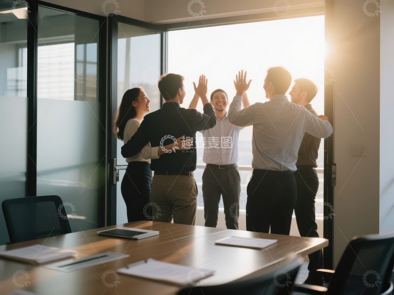 高清大图下载【趣麦麦图】团队庆祝成功，办公室内欢呼