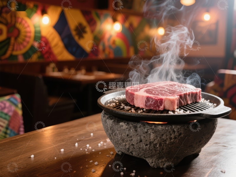 高清大图下载【趣麦麦图】热石上蒸腾的生牛肉